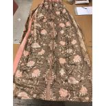 Two pairs of glazed cotton pink and brown interlined curtains with chinoiserie style decoration,