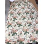 Two pairs of glazed cotton floral decorated cream, pink and green interlined curtains,