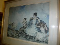 AFTER SIR WILLIAM RUSSELL FLINT "The Shower", four models in a landscape, colour print,