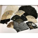 A collection of Victorian and later fans to include ostrich feather fans, bone and paper fans,