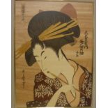 20TH CENTURY JAPANESE SCHOOL "Geishas", a pair of marquetry inlaid panels with script, 41 cm x 29.