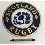 A modern painted cast metal sign "Scotland Rugby",