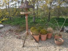A wooden bird table, together with a set of five terracotta flared pots,