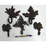 Two oak leaf and acorn decorated wall hooks, approx 19 cm high, a pair of bird decorated wall hooks,