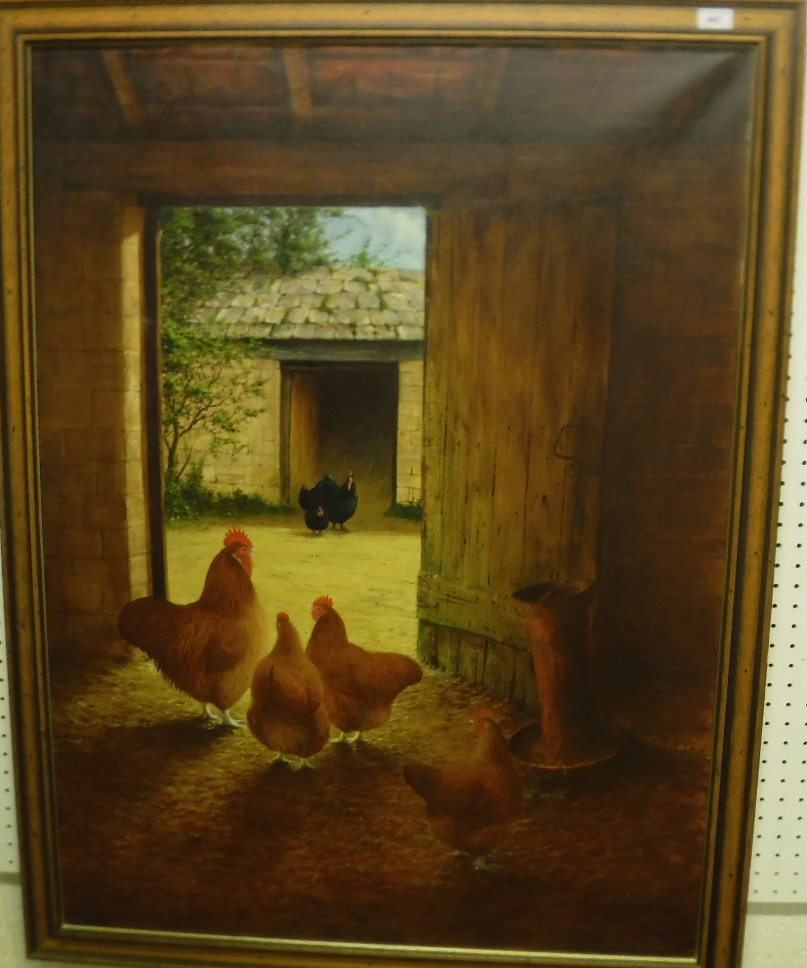 BEV TAYLOR "Chickens in a farmyard", oil on canvas, signed and dated '88 lower right,