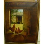 BEV TAYLOR "Chickens in a farmyard", oil on canvas, signed and dated '88 lower right,