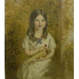 19TH CENTURY ENGLISH SCHOOL "Young girl seated with basket of flowers",