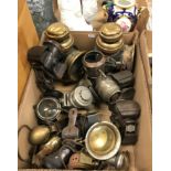 A collection of various vehicle lamps including a pair of GPO brass and black painted lamps,