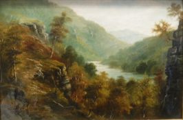 GEORGE WILLIS PRYCE "River landscape with figure on a cliff in foreground", oil on canvas,