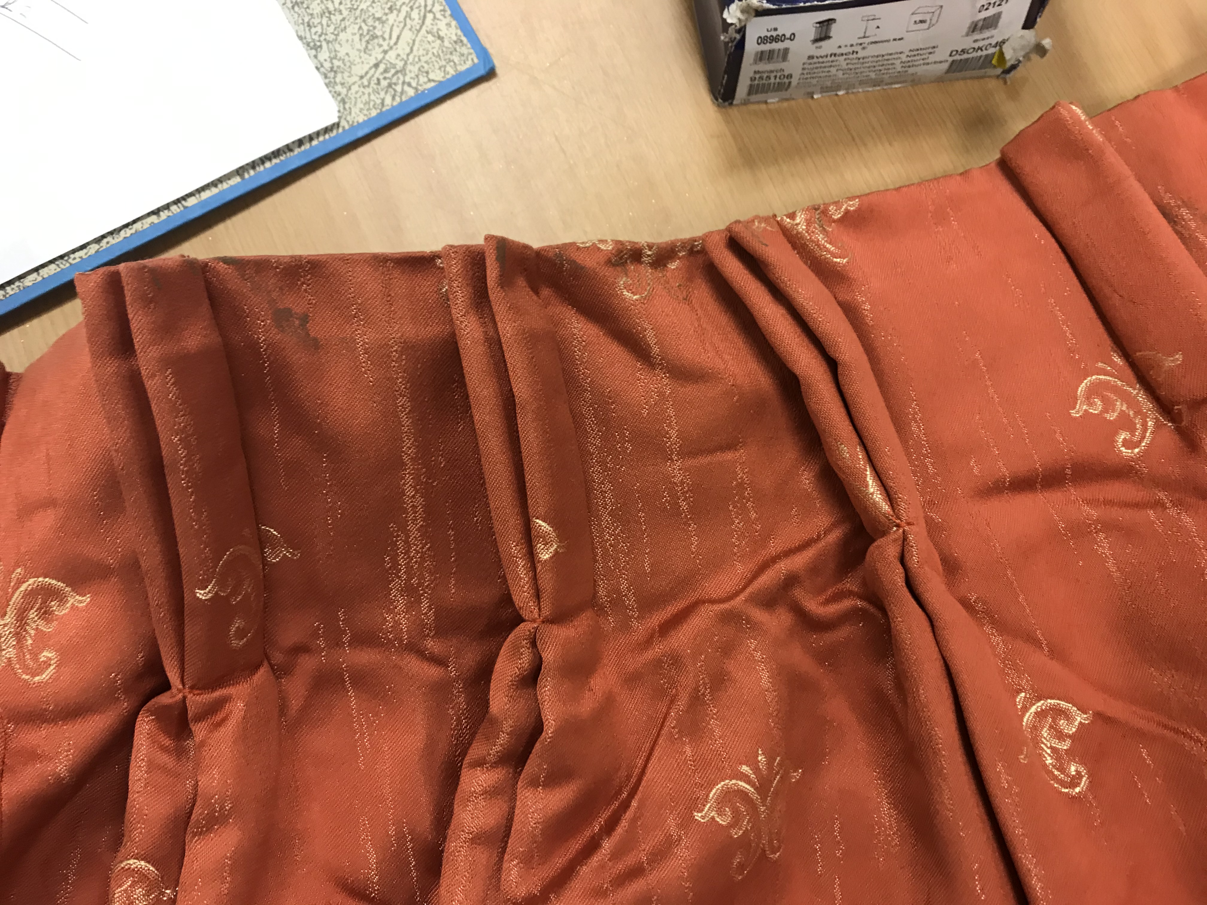 Two pairs of cotton mix terracotta ground interlined curtains, with gold C scrolling decoration, - Image 5 of 16