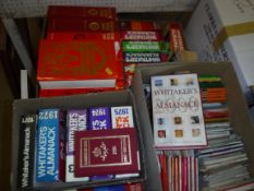 Five boxes of various books and maps including "Whittaker's Almanac" 1971-1990 inclusive and 1996