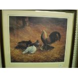 AFTER BEV TAYLOR "Chickens in a barn with cockerel", colour print signed in pencil, artist's proof,