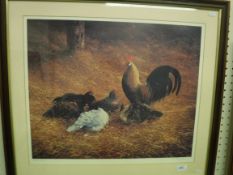 AFTER BEV TAYLOR "Chickens in a barn with cockerel", colour print signed in pencil, artist's proof,