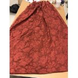 Two pairs of cotton mix red damask style interlined curtains with fixed goblet headings,