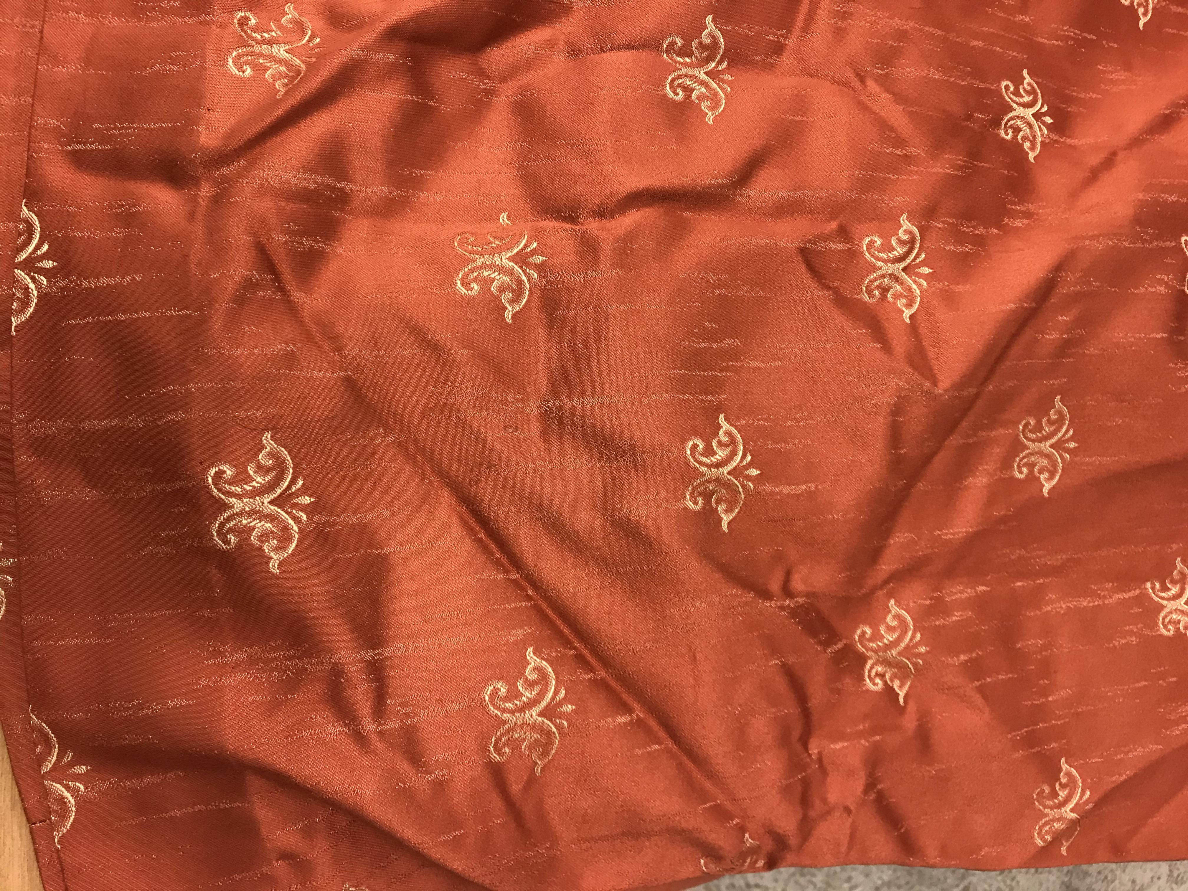 Two pairs of cotton mix terracotta ground interlined curtains, with gold C scrolling decoration, - Image 2 of 16