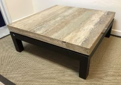 A modern square coffee table with polished granite top, raised on painted brown base, 110.