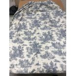 One pair of cotton mix cream ground blue toile de jouy interlined curtains,