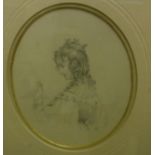 19TH CENTURY ENGLISH SCHOOL "Young girl in coronet, a dove upon her hand", pencil study, oval,