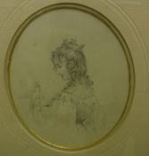 19TH CENTURY ENGLISH SCHOOL "Young girl in coronet, a dove upon her hand", pencil study, oval,