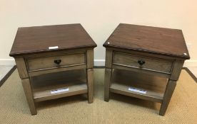 A pair of modern bedside tables, the mahogany top on a painted base with single drawer,
