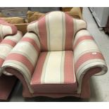 A modern pink and cream striped patterned upholstered scroll arm three piece suite comprising three