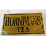 A painted metal double sided sign inscribed "Hornimans Tea", 45.8 cm x 25.