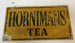 A painted metal double sided sign inscribed "Hornimans Tea", 45.8 cm x 25.