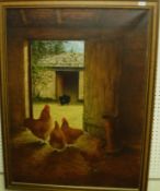 BEV TAYLOR "Chickens in a farmyard", oil on canvas, signed and dated '88 lower right, 111 cm x 83