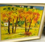 20TH CENTURY CONTINENTAL SCHOOL "Orchard in Autumn", oil on canvas, indistinctly signed bottom