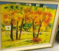 20TH CENTURY CONTINENTAL SCHOOL "Orchard in Autumn", oil on canvas, indistinctly signed bottom