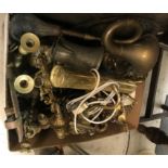 A box of assorted brass and other metal wares to include various wall lights, Arts & Crafts style