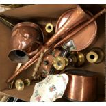 A collection of Victorian and other copper and brass ware including a copper half gallon haystack