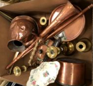 A collection of Victorian and other copper and brass ware including a copper half gallon haystack