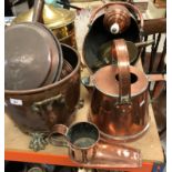 A collection of various copper and brass ware to include three copper warming pans with turned