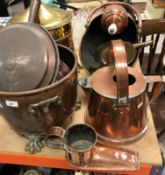 A collection of various copper and brass ware to include three copper warming pans with turned