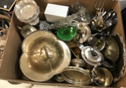 A box of assorted silver plated and other metal ware items to include entree dish, pierced