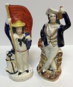 A collection of six Staffordshire figures including a Crimean War double-sided figure group