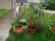 A pair of terracotta garden plant pots with swag and mask decoration, approx 50 cm diameter x 42