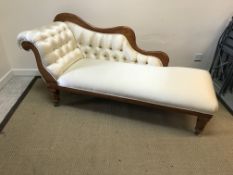 A Victorian satin walnut framed chaise longue with buttoned cream silk upholstery, approx 175 cm