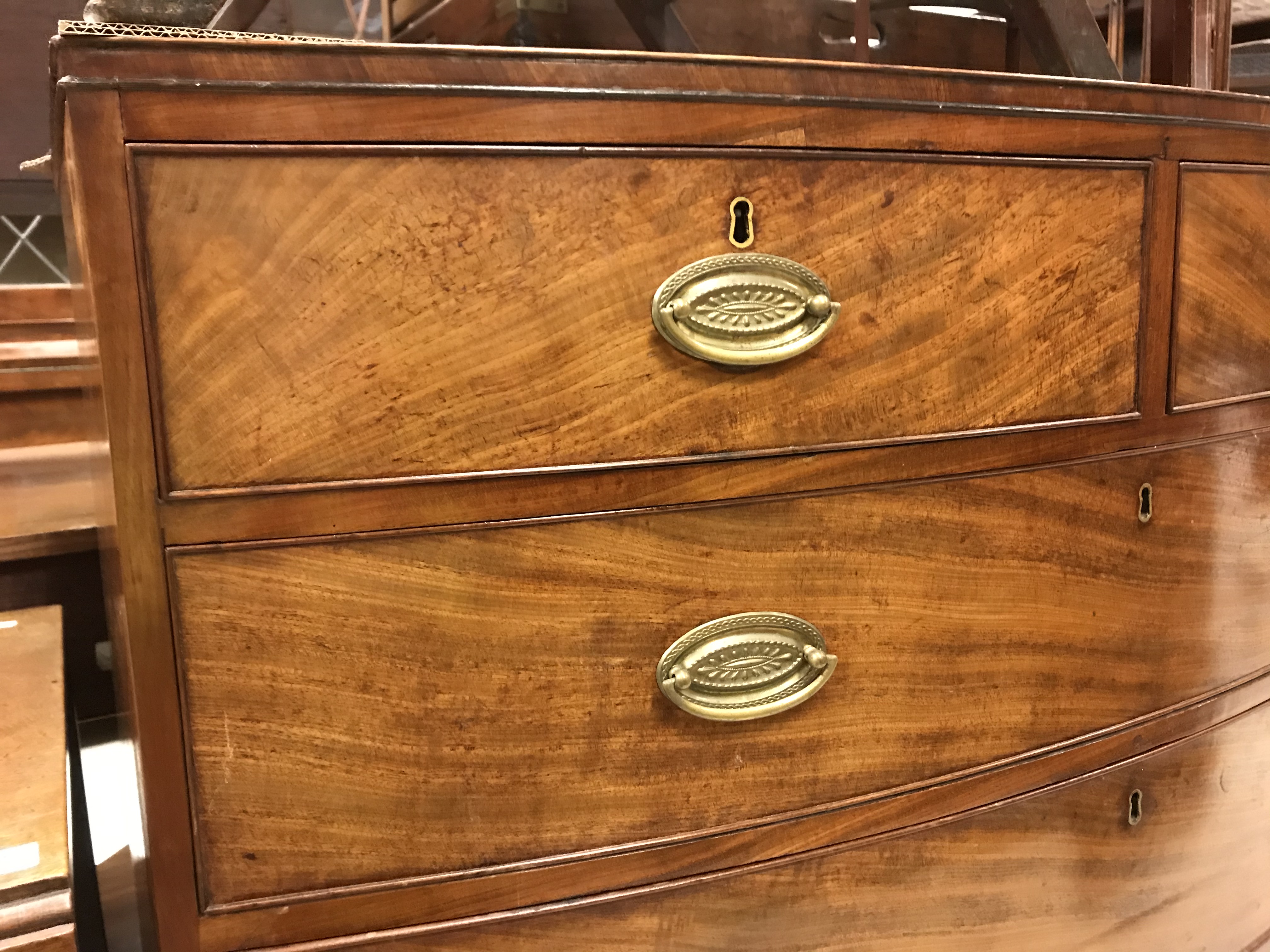 A 19th Century mahogany bow fronted chest, the plain top with rosewood and satinwood strung edging - Image 9 of 23