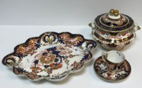 A collection of 19th Century "Japan" pattern dinner wares including a Derby oval lobed dish, Derby