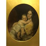 19TH CENTURY ENGLISH SCHOOL "Mother and child", oil on board, oval, apparently unsigned, size