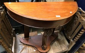 A Victorian mahogany demi-lune side table, 85.5 cm wide x 31 cm deep x 67 cm high, together with two