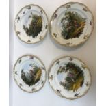A set of four Meissen "Stag hunting" plates, each depicting hunting scenes, hand-painted within a