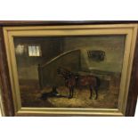 19TH CENTURY ENGLISH SCHOOL "Carriage horse and hound in a stable", oil on canvas, initialled "HM"