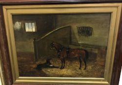 19TH CENTURY ENGLISH SCHOOL "Carriage horse and hound in a stable", oil on canvas, initialled "HM"