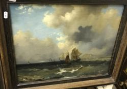 CHARLES LOUIS VERBOECKHOVEN (1802-1889) "Seascape with boats in foreground and cliffs in