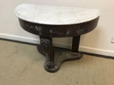 A Victorian mahogany framed marble top demi-lune side table, 90 cm wide x 46 cm deep x 68.5 cm high,