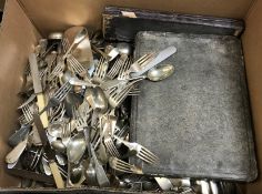 A box containing a large quantity of silver plated cutlery, together with a box of other silver