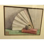 ENGLISH SCHOOL "Still life study of a fan, book and pot", watercolour, bears stamped initial "J"